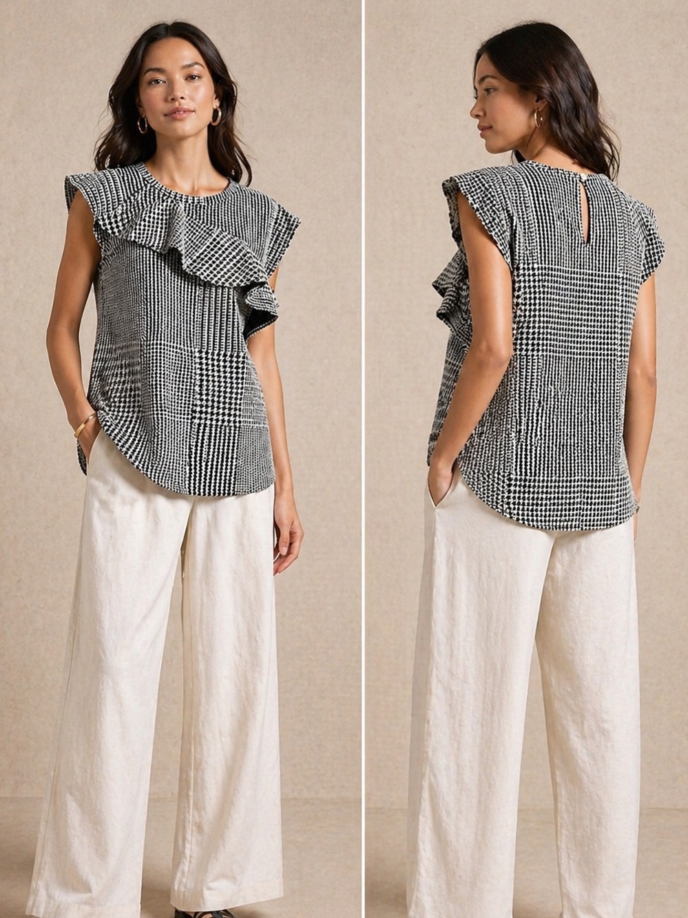 Anthro Dolan Left Coast Ruffle Top Black White Houndstooth Sleeveless Blouse